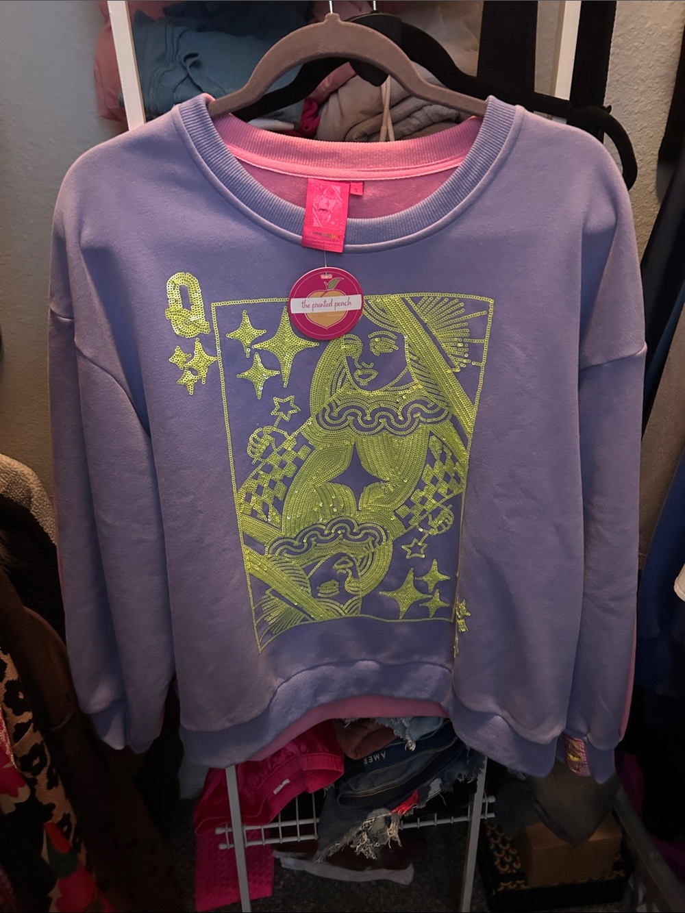 QUEEN OF SPARKLES Lilac Crewneck Sweatshirt with Neon Chartreuse Graphic